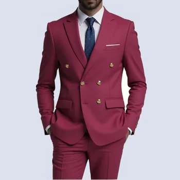 Men Double Breasted Suit Black Slim Fit High Quality Wedding Costume Party Prom Gold Button Male Suits 2