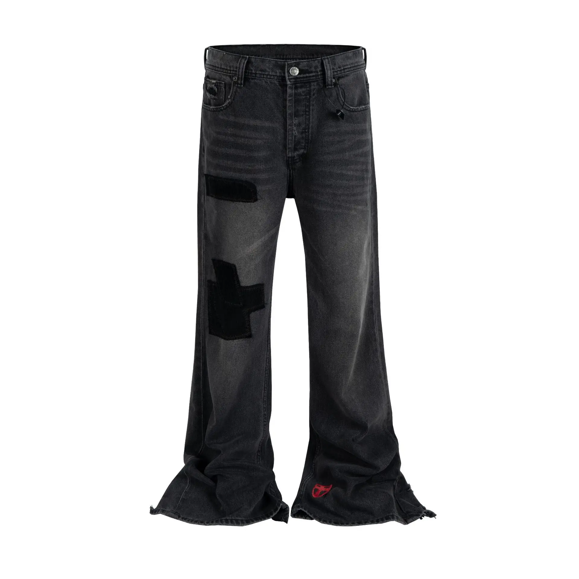 

Джинсы Rick из денима с эффектом потертости, в стиле пэчворк, винтажные, в стиле RO, свободного прямого кроя, с бахромой.