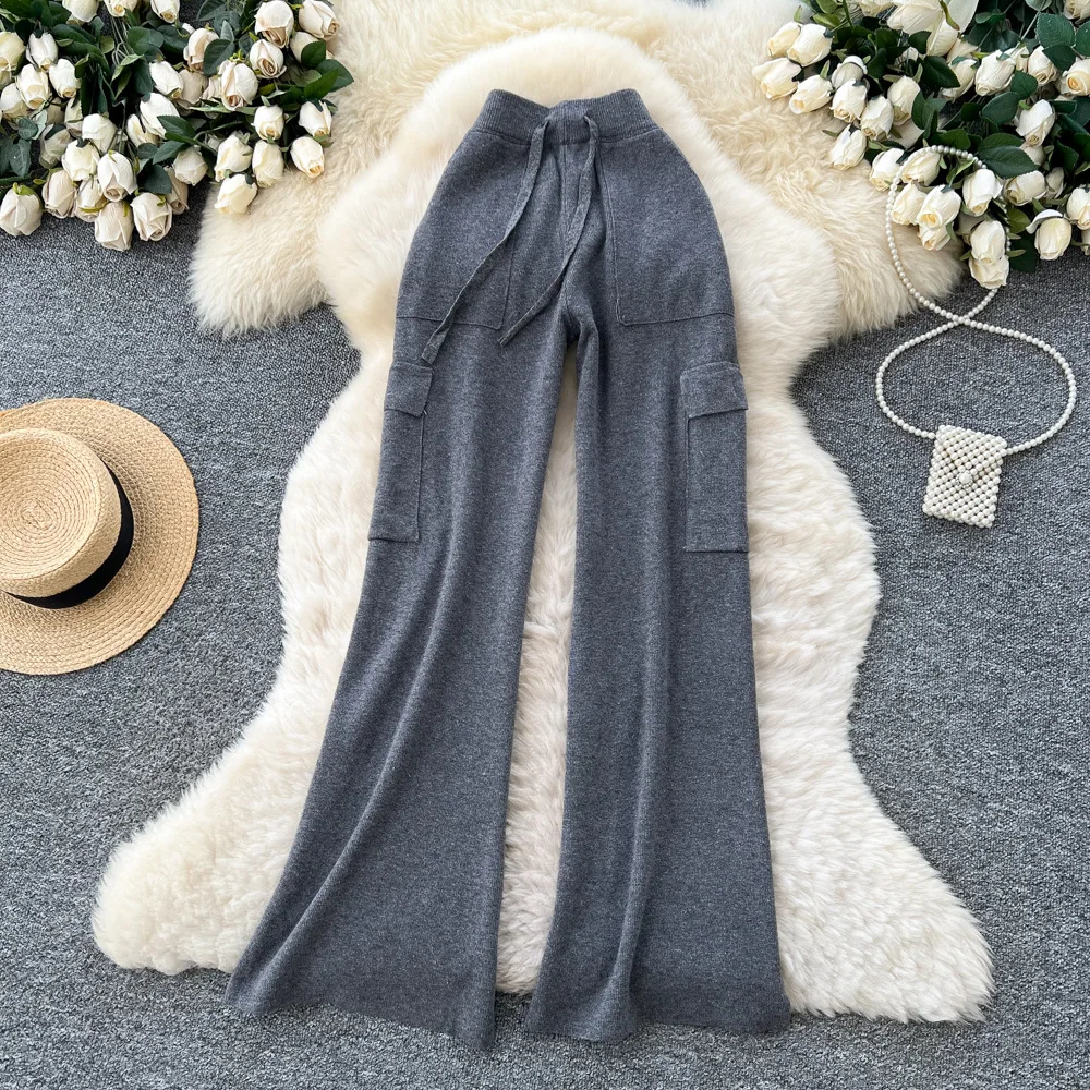 Women Solid Knitted Straight Pants Cargo Capris Drawstring Waist Floor Lenth Pockets Slim Fit Elegant Casual 2025 Autumn Winter