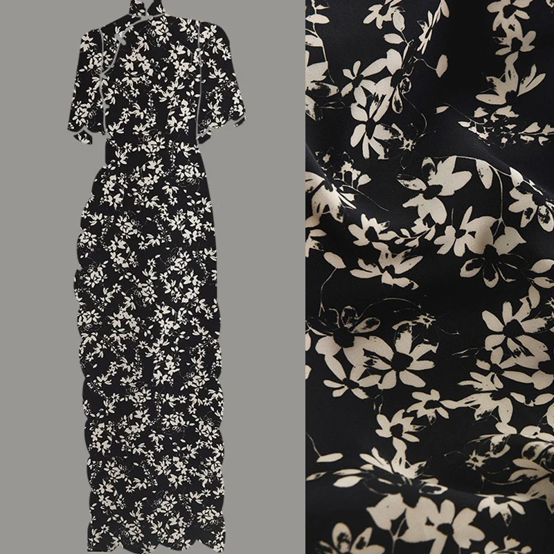 

145CM Wide 200G/M Rayon Fabric,for Summer Dress Clothing Pants,Skin-friendly and Smooth Fabric,Beige Leaves Prints on Black R451