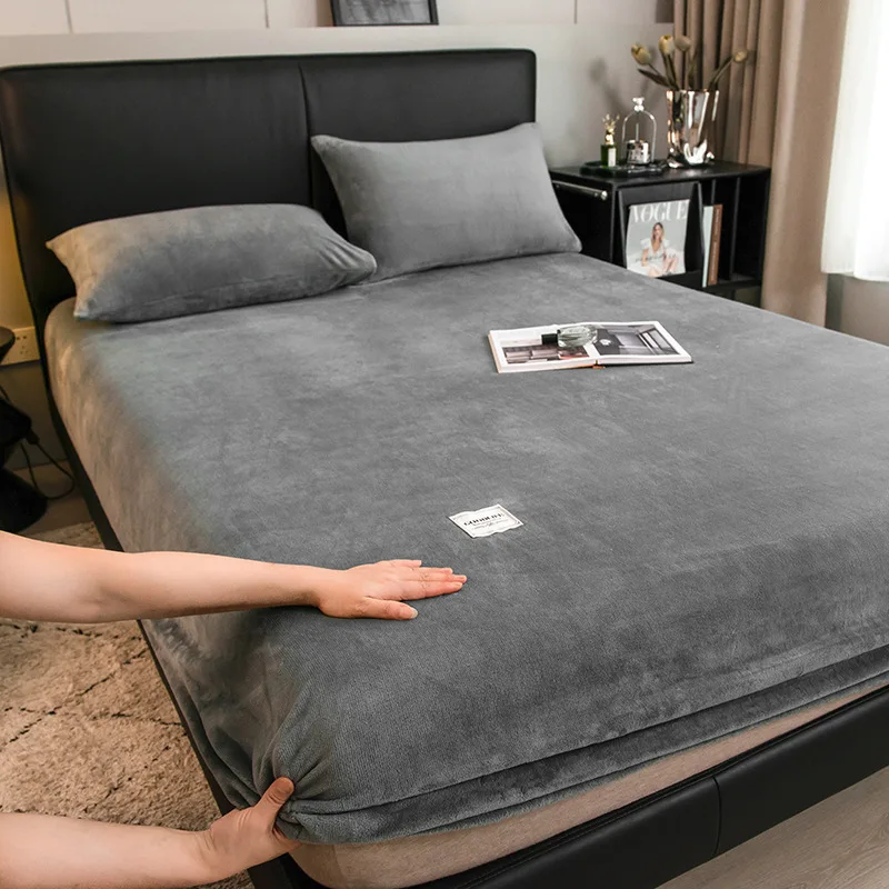

Milk Fleece Fitted Sheet Winter Flannel Bed Cover Coral Fleece Thick Mattress Protector Non Slip