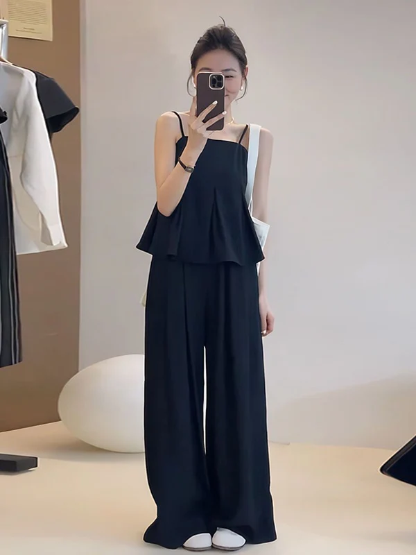 

2025 Summer New Fashion Strap Vest Slim Wide Leg Pants Casual Korean Style Versatile Two Piece Set Trendy Women's Outfit