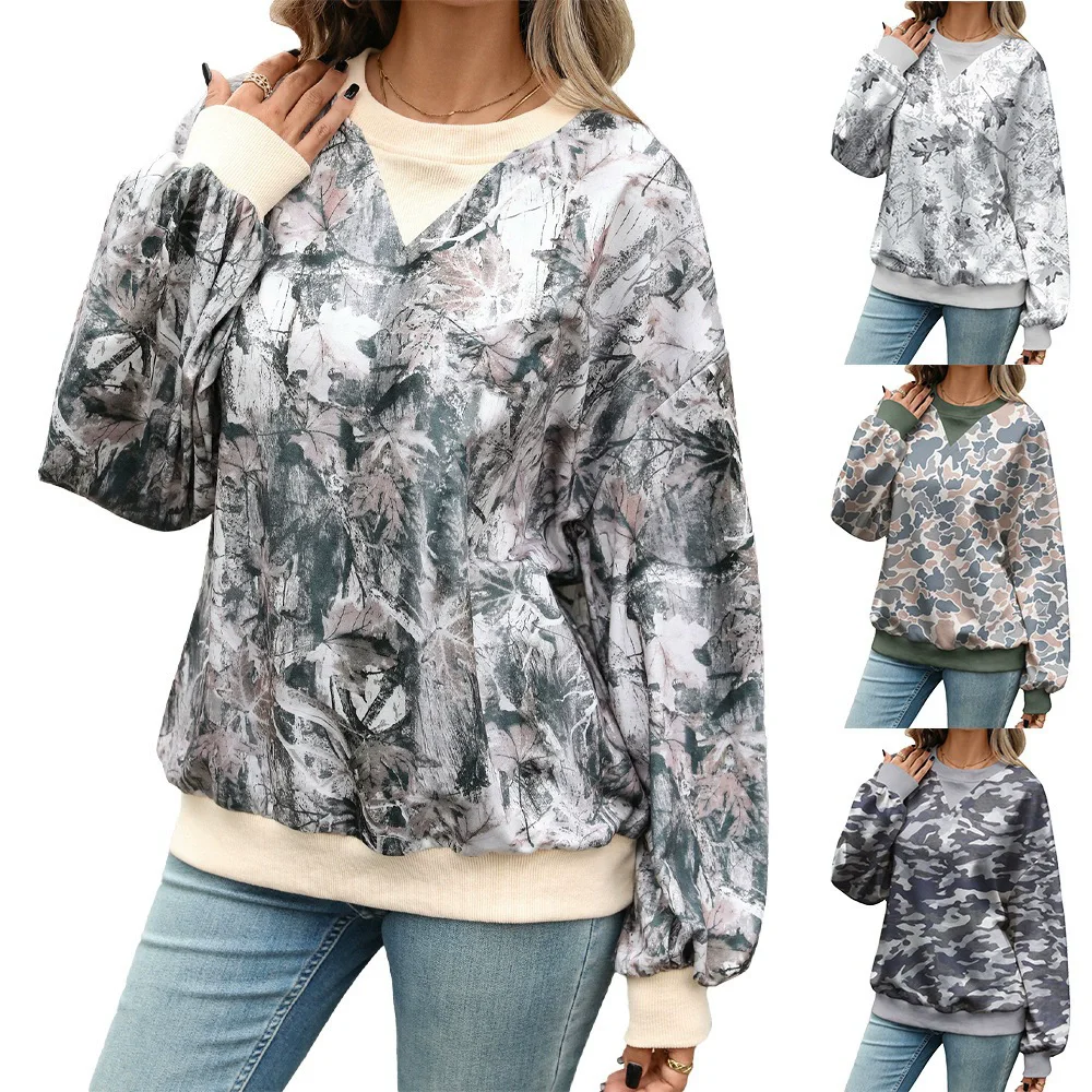 New 2026 Autumn Sweatshirts Women's Maple Leaf 3D Print Loose Warm Winter Hoodie Casual Camouflage Color Blocking Oversized Tops