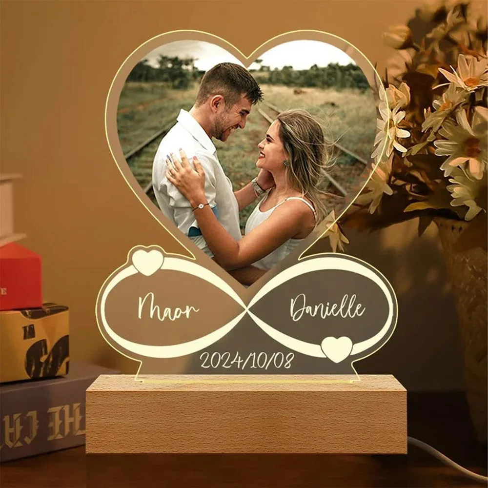 

Personalized Acrylic Heart Photo Plaque with Custom Photo LED Light Infinity Symbol Anniversary Gift Special Wedding Keepsake