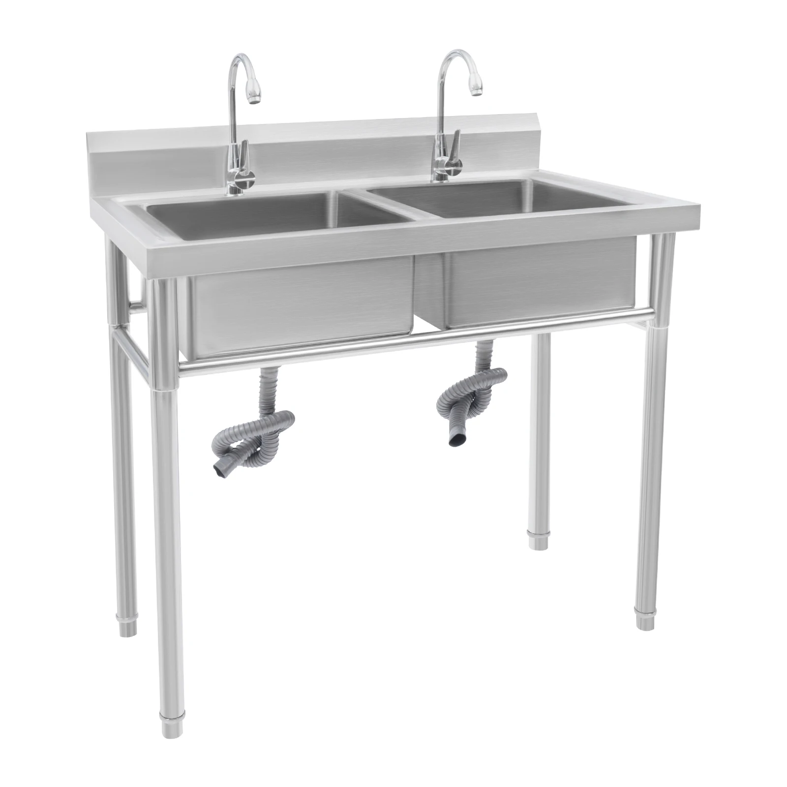 Évier commercial à 2 compartiments avec double robinet, évier de restaurant en acier inoxydable