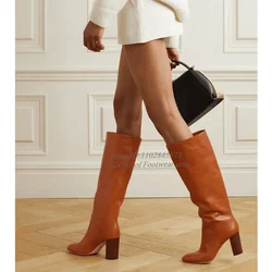 2024 Winter New in Vintage Brown Leather Knee High Boots Chunky Heel Pull on Black Long Boot Women's Big Size Designer Shoes