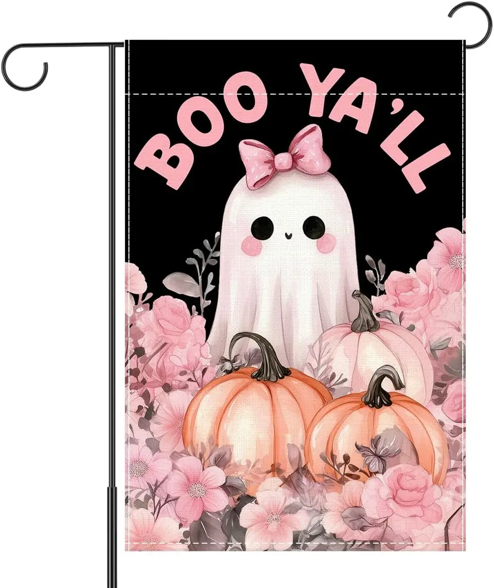 Pink Halloween Garden Flags for Outside, Halloween House Flag for Yard Outside Outdoor Spooky Ghost Decor, Boo Ya'll, 12 XXP SSL