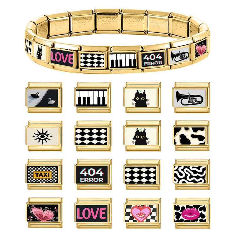 Y2K Ball Piano Trumpet Cat Eye Taxi Golden Italian Charm Links Stainless Steel Fit 9mm Bracelet Making DIY Jewelry Gift