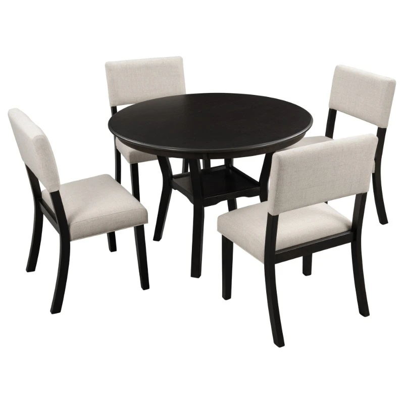 

5 Piece Kitchen Dining Table Set with 4 Upholstered Chairs Round Dining Room Sets Wooden Nordic Dining Table Set Furniture