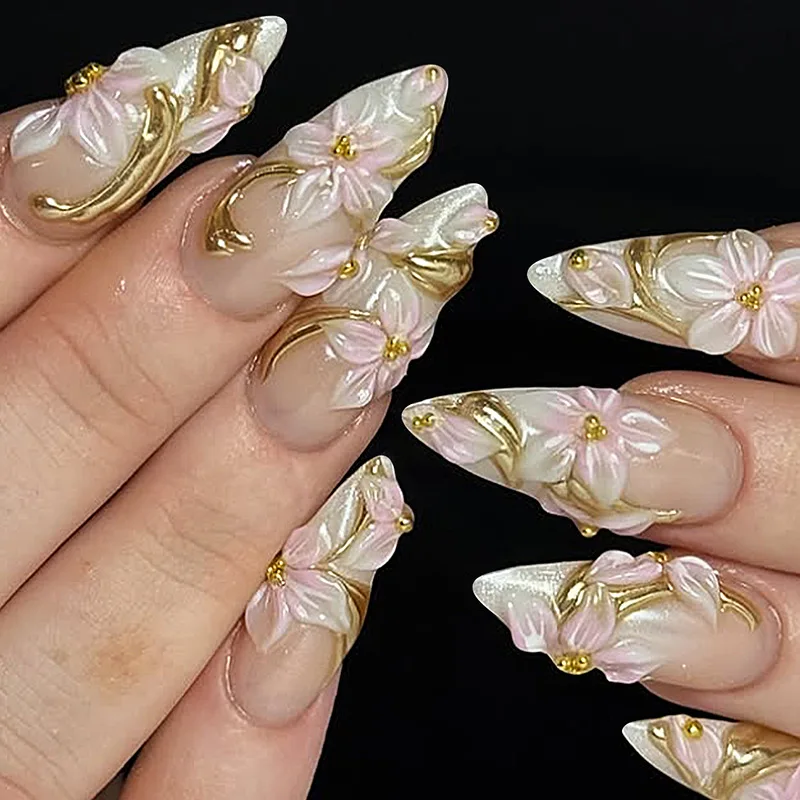 

24Pcs 3D Flower Gilded with Design Press on Nails Mid-length Almond Fake Nails Detachable Artificial Full Cover False Nails Tips