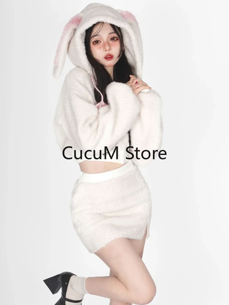 2024 New White Lolita Kawaii Two-piece Set Women Fluffy Casual Korean Style Cute Skirt Suit Hooded Top + Sweet Mini Skirt Chic