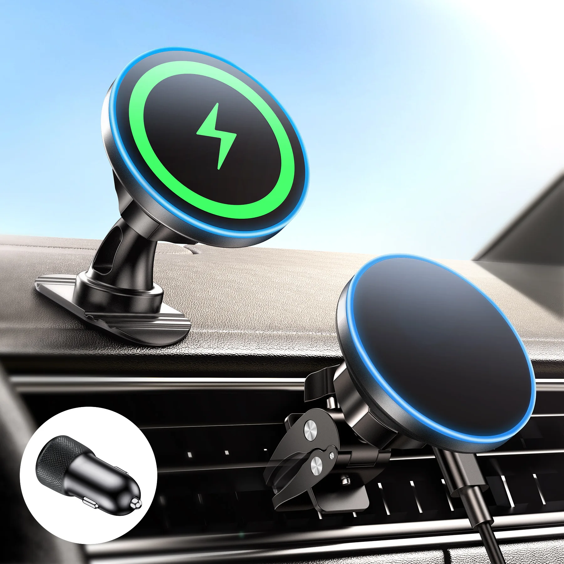 

Magnetic Car Phone Mount 15W Fast Charging Dashboard/Vent Fit LED Alignment Crocodile Jaw Clamp Phone Holder for iPhone 12-16