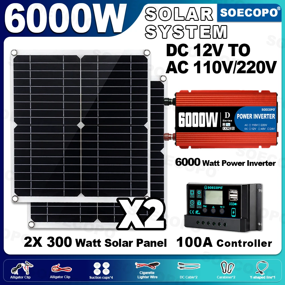 

SOECOPO 6000W Solar System Kit 2×300W Panels DC 12V To AC 110V/220V Inverter 100A Controller Full Portable for Home Camping Car