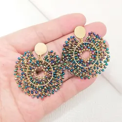 Beaded earrings Crystal Dazzling Roundness Hollow out Originality Hand knitting Bohemia Alloy Tide Simple Rice bead earrings