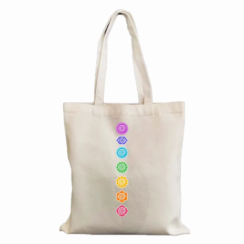 7 Chakras Spiritual Meditation Zen Om Buddhism Energy Graphic Tote Bags For Women Canvas Handbags Shopping Bag Reusable Handbag