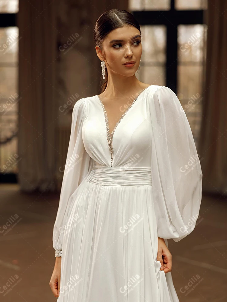 Elegante Brautkleider aus Chiffon, lange Puffärmel, bezaubernde Roben, tiefer V-Ausschnitt, anmutig, anmutig, Vestidos de Novia