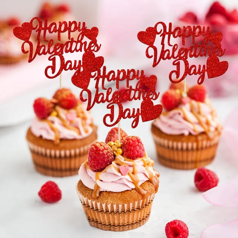 24Pcs Happy Valentines Day Cupcake Toppers Glitter Red Cupcake Picks Wedding Decorations Gift for Valentine\'s Day Party Supplies