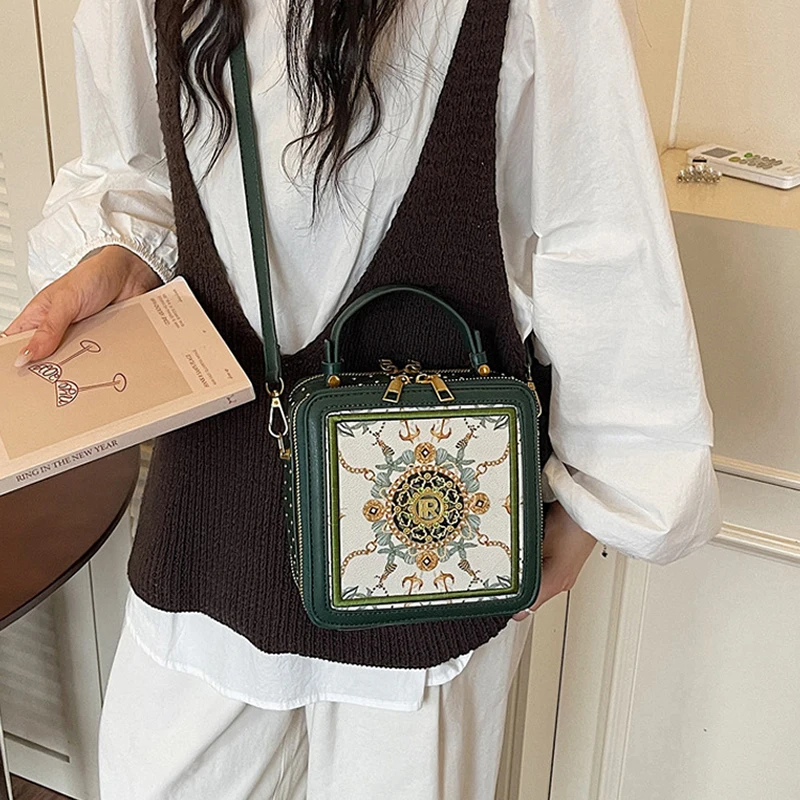 Exquisite bedruckte Umhängetasche, quadratische Damen-Box-Handtasche, Colorblock-Sling-Bag, Messenger-Tasche für den Arbeitsweg und zur Aufbewahrung von Kosmetika – Detail 5