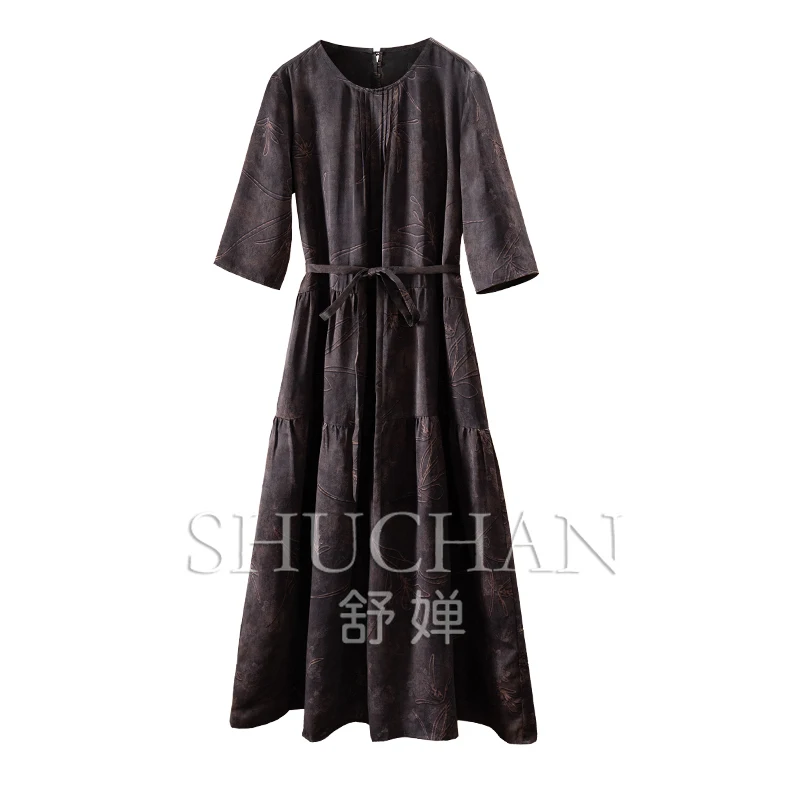 

Purple Coffee Heavy Silk Fragrant Cloud Yarn Tuck Pleated Flower Dill Waist Dress Women's 3W83 Vestidos Elegantes Para Mujer