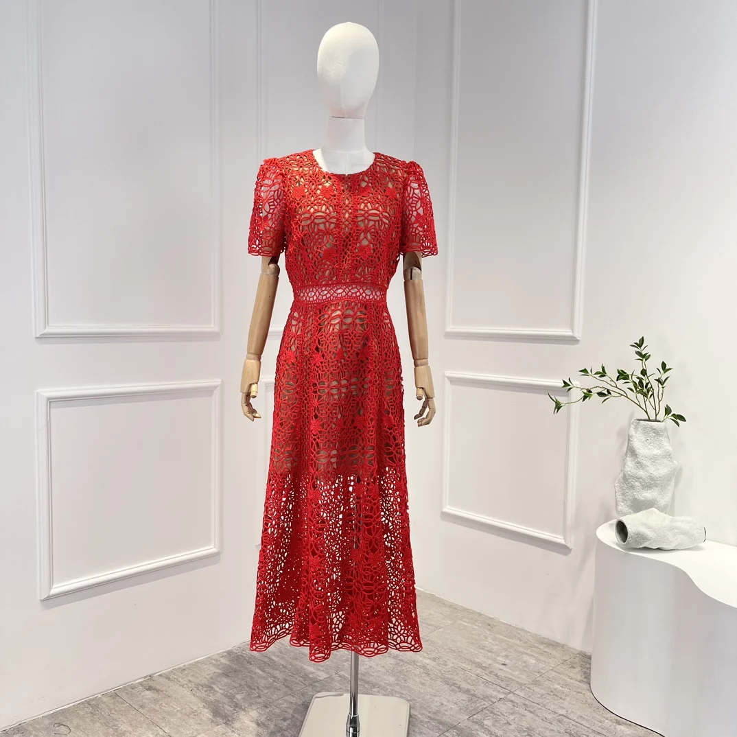 2023 New Collection Red Elegant Guipure Lace Bodice Waist Hollow Out Lady Midi Dress Women Evening Party Clothing