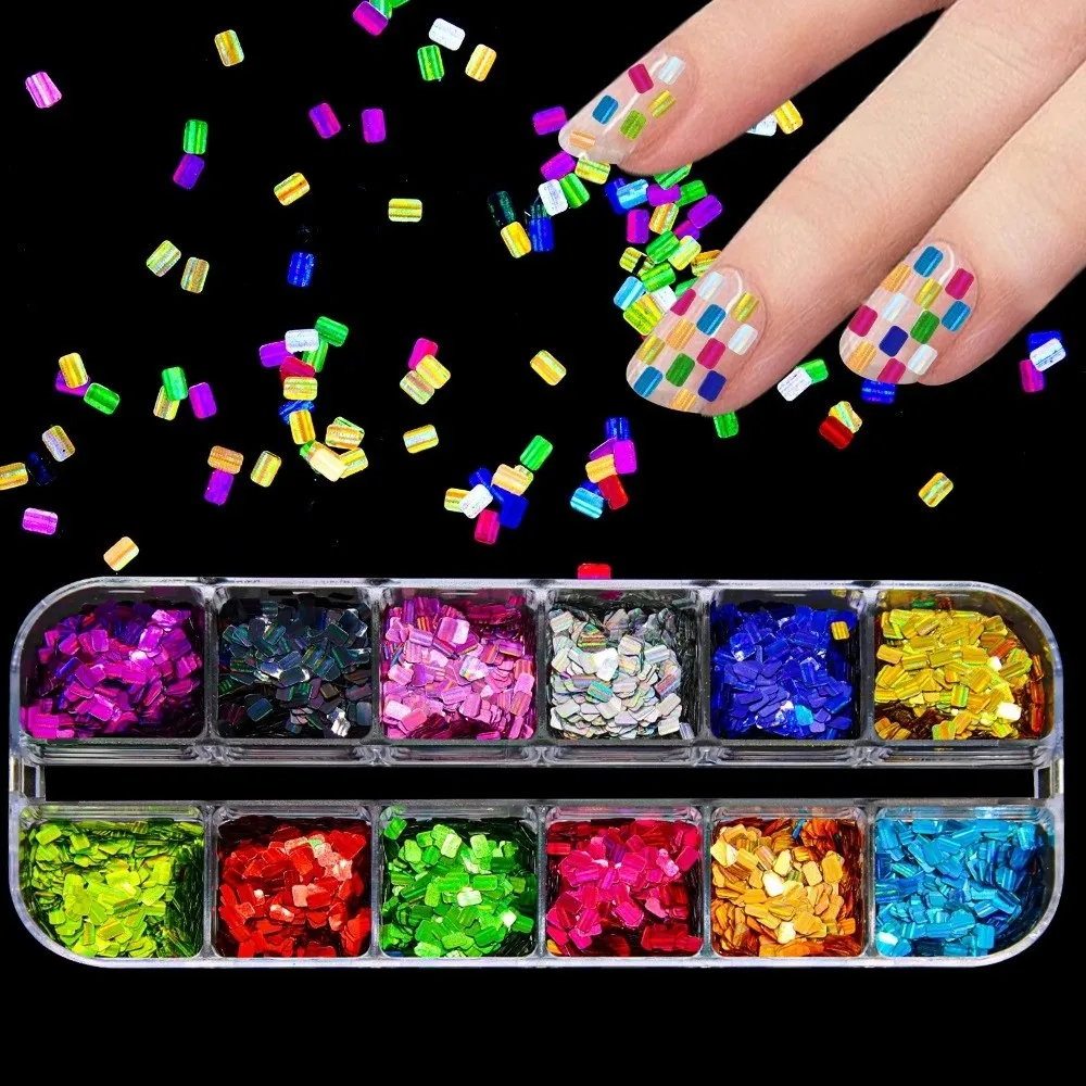 12-Grid Nail Art Sequins Laser Shiny Square Shape Nail Glitter Flakes Holographic Rectangular Shape Nail Charms French Manicure