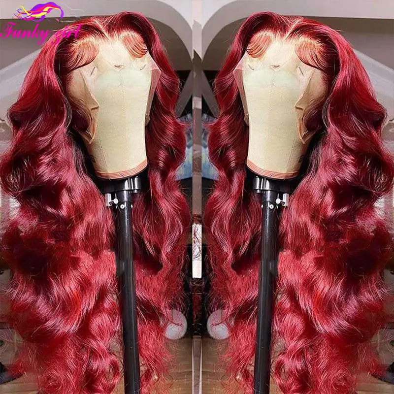 Body Wave Borgonha Lace Front Wig para mulheres, vermelho colorido, perucas transparentes de cabelo humano, perucas onduladas do corpo brasileiro, peruca barata 99J