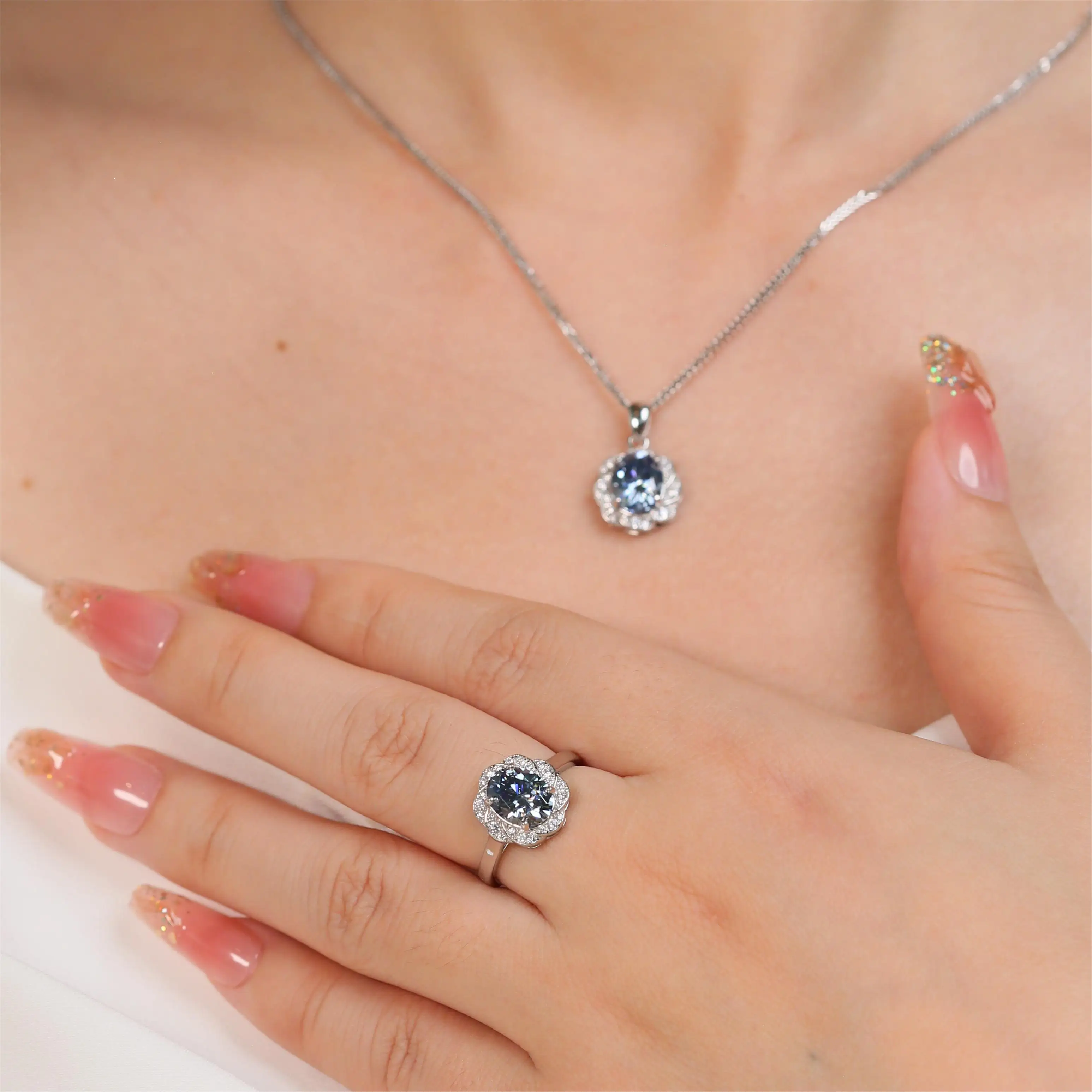 

2023 Fashion high quality original color blue Moissanite Jewelry necklace ring set wedding jewelry