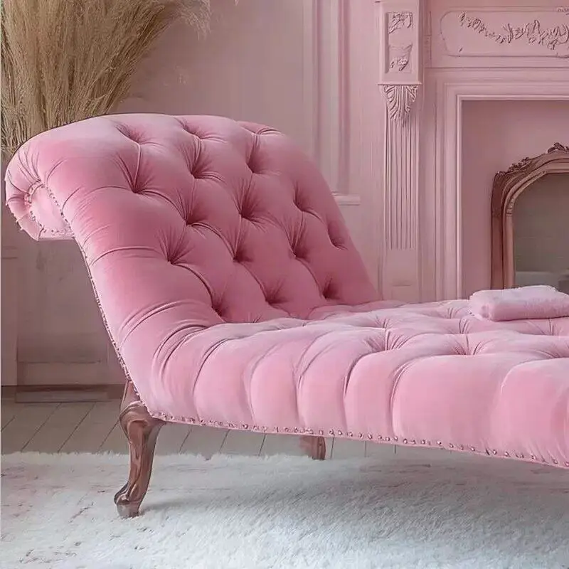 American French pastoral retro pink velvet chaise longue, bedroom recliner