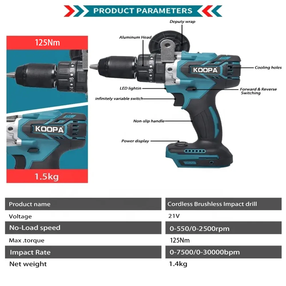 Koopa Cordless Drill 21V MAX 13mm Compact Drill Set with 4.0Ah Battery Driver Kit Max Torque 125N.m for Drilling Wood Metal