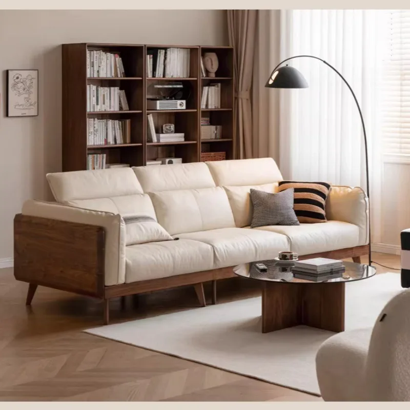 Solid wood sofa new Chinese small apartment living room sofa household black label leather sofa