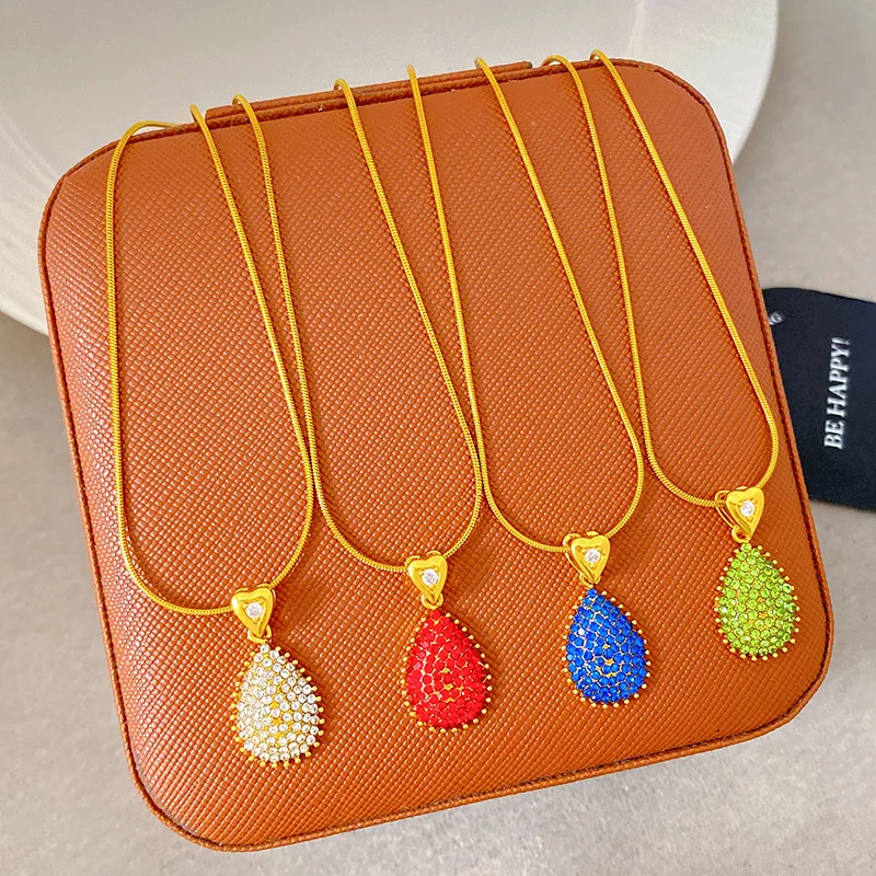 

New Copper 18K Gold Plated Heart & Water Drop Pendant Necklace, Luxury Micro Inlaid Zircon Elegant Clavicle Chain