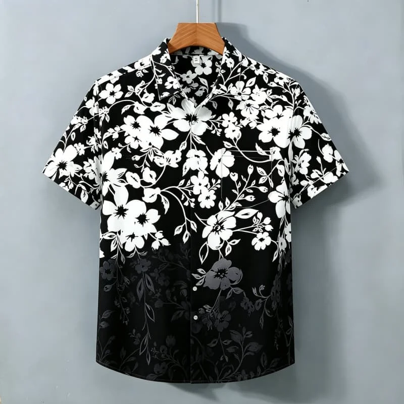 Men's Black And White Floral Printed Short Sleeved Shirt With pockets, Simple Yet personalized, For Minimalist Vacations