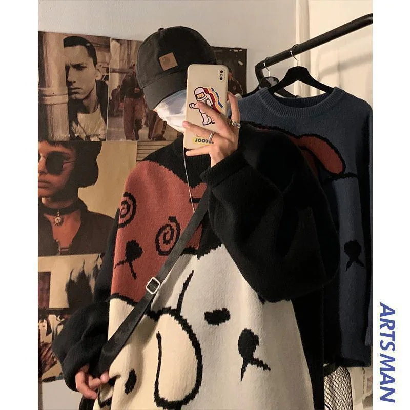 Sweater Men Loose Autumn and Winter Japanese Retro Cartoon Male Bottoming Shirt Fashion Casual Harajuku Knitted Pullover Sweater