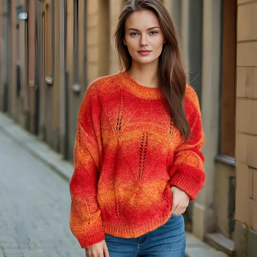 2025 Autumn and Winter New Lightweight Rainbow Gradient Hollow Knitted Round Neck Pullover Sweater for Women 4