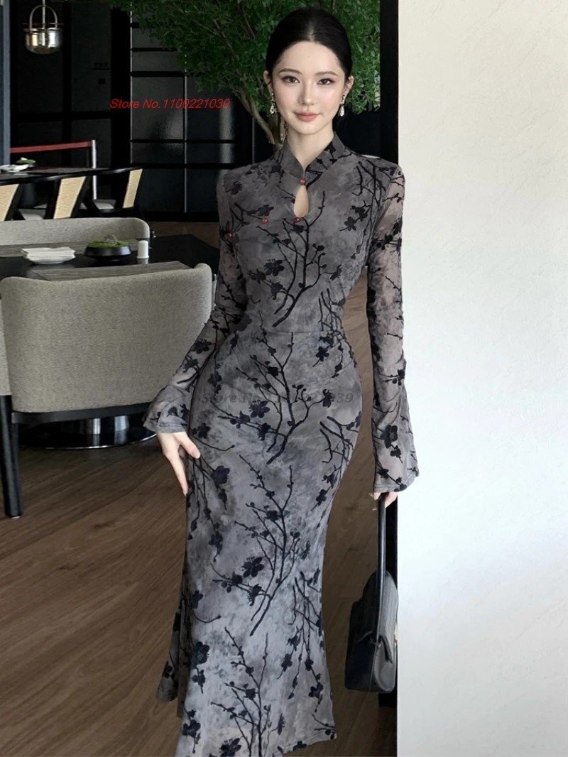 

2025 китайское улучшенное бархатное платье Ципао Cheongsam, традиционное сексуальное вечернее банкетное платье с цветочным принтом, винтажное платье для ночного клуба