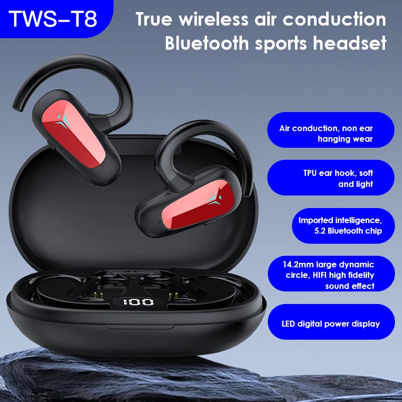 TWS-T8 Ear Mounted Air Conduction Bone Conduction Headphones Wireless Blue-tooth Earphones Sports Business Headset With Mic