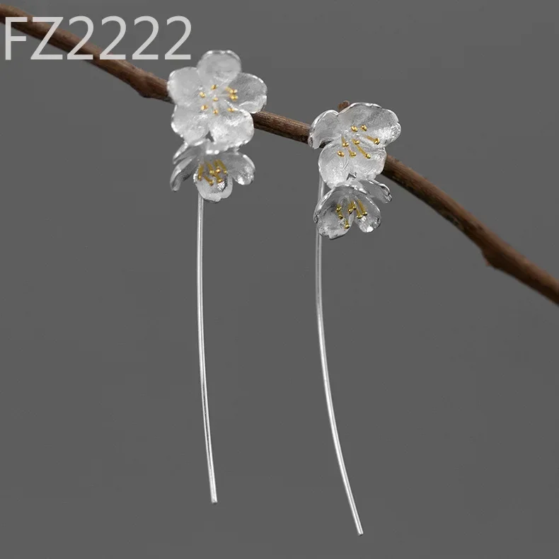 

Guochao earrings plain silver cherry blossoms elegant floral temperament design