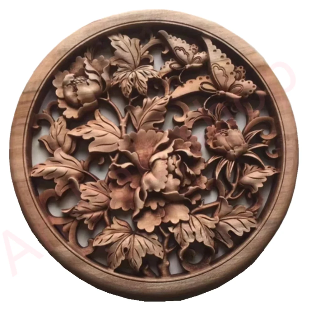 Camphor Wood Carving Pendant, Peony Flowers, Exquisite Home Decoration, Retro Ornaments, Auspicious