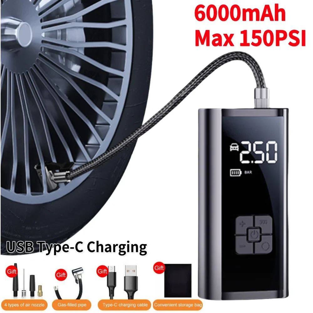 

150PSI Electric Tire Pump Portable Air Compressor Wireless Air Pump 6000mAh USB Rechargeable for Car Tires Bicycle Motorcycle