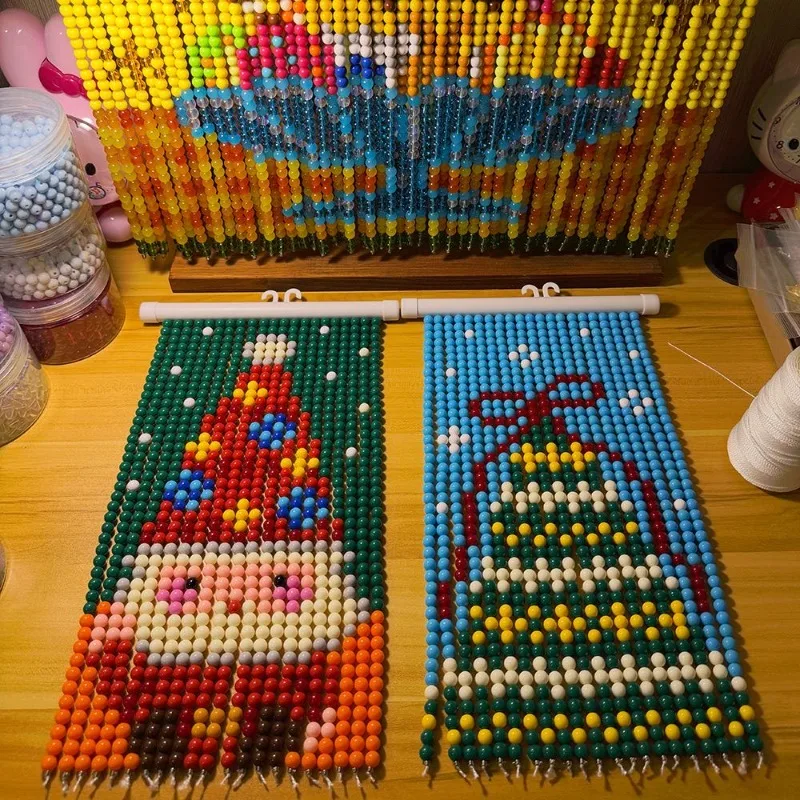 Handmade Colorful Christmas Tree Beaded Wall Hanging Cartoon Santa Claus Tapestry DIY Pixel Art Beaded Curtain for Home Decor