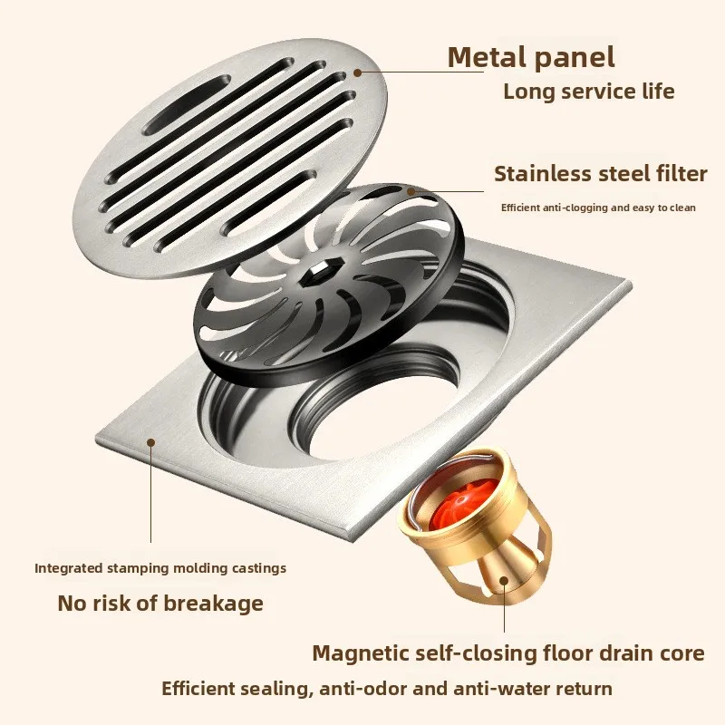 

Premium Pure Copper Floor Drain with Magnetic Levitation Anti-Odor Core for Bathroom Shower & Washing Machine - Invisible Design