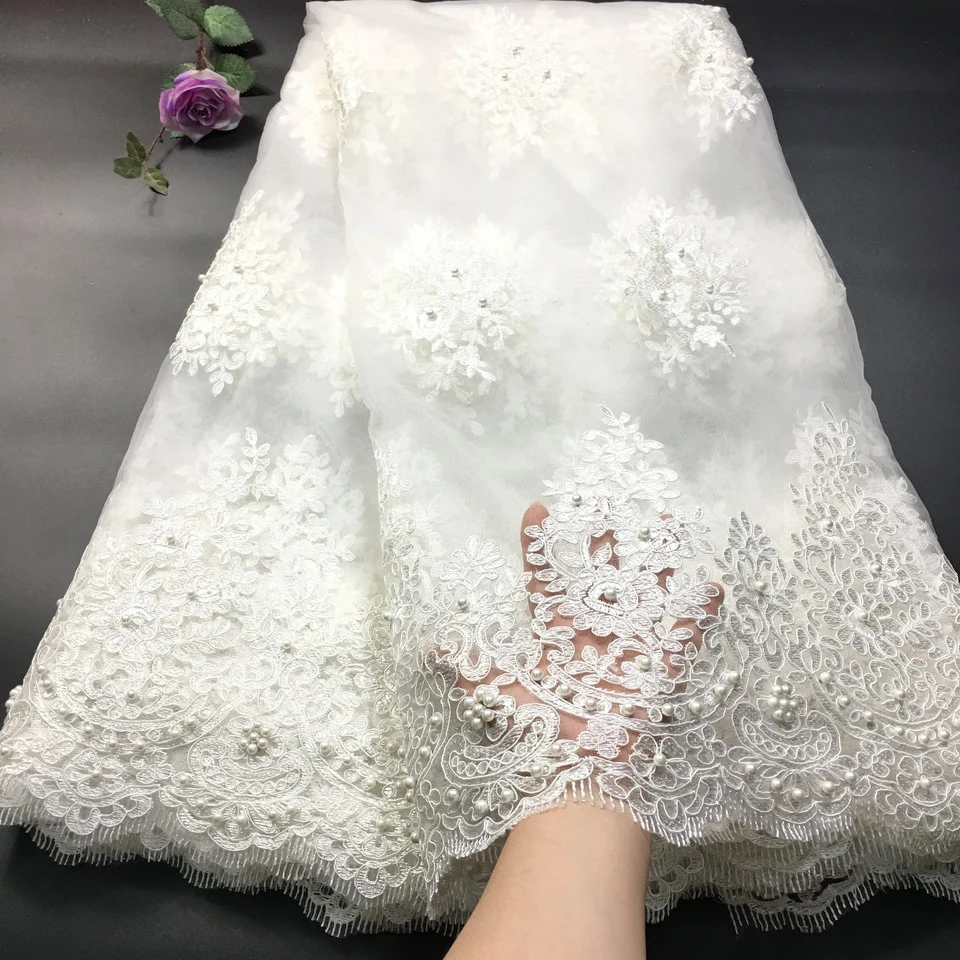 African Lace Fabric 2023 High Quality Lace 5 Yards with Beaded Nigerian Lace Fabrics for Dress French Tulle Lace Fabric