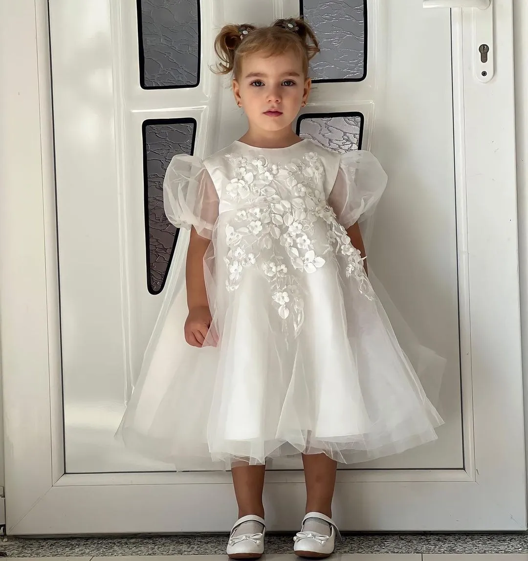 

Ivory A Line Flower Girl Dresses Appliqued Children Birthday Party Gowns with Bow Tea Length Kids Girls Wedding Guest Dresses