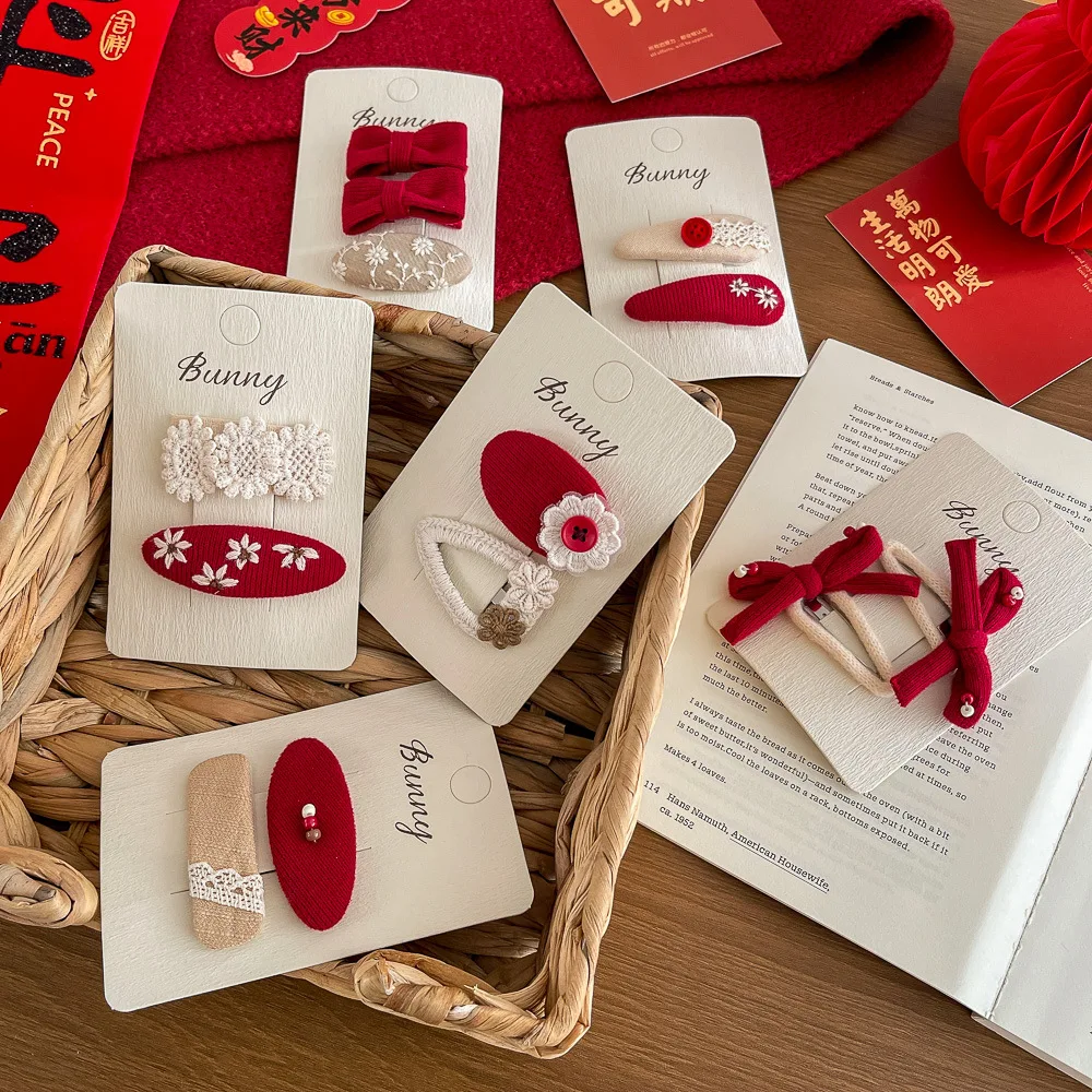 

Floral Embroidery Bow Red Hair Clip Hairpin Sweet Girls Bangs Side Clip Barrettes Headwear Hairpins Children's Hair Accessories