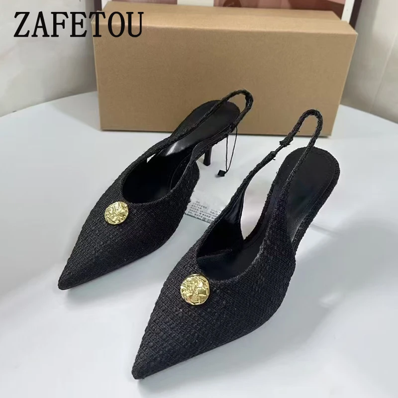 Zafetou Shoes Women 2024 Winter New Style Black Pointed Metal Decorative High Heels Fine Heeled Banquet Women's Sandals