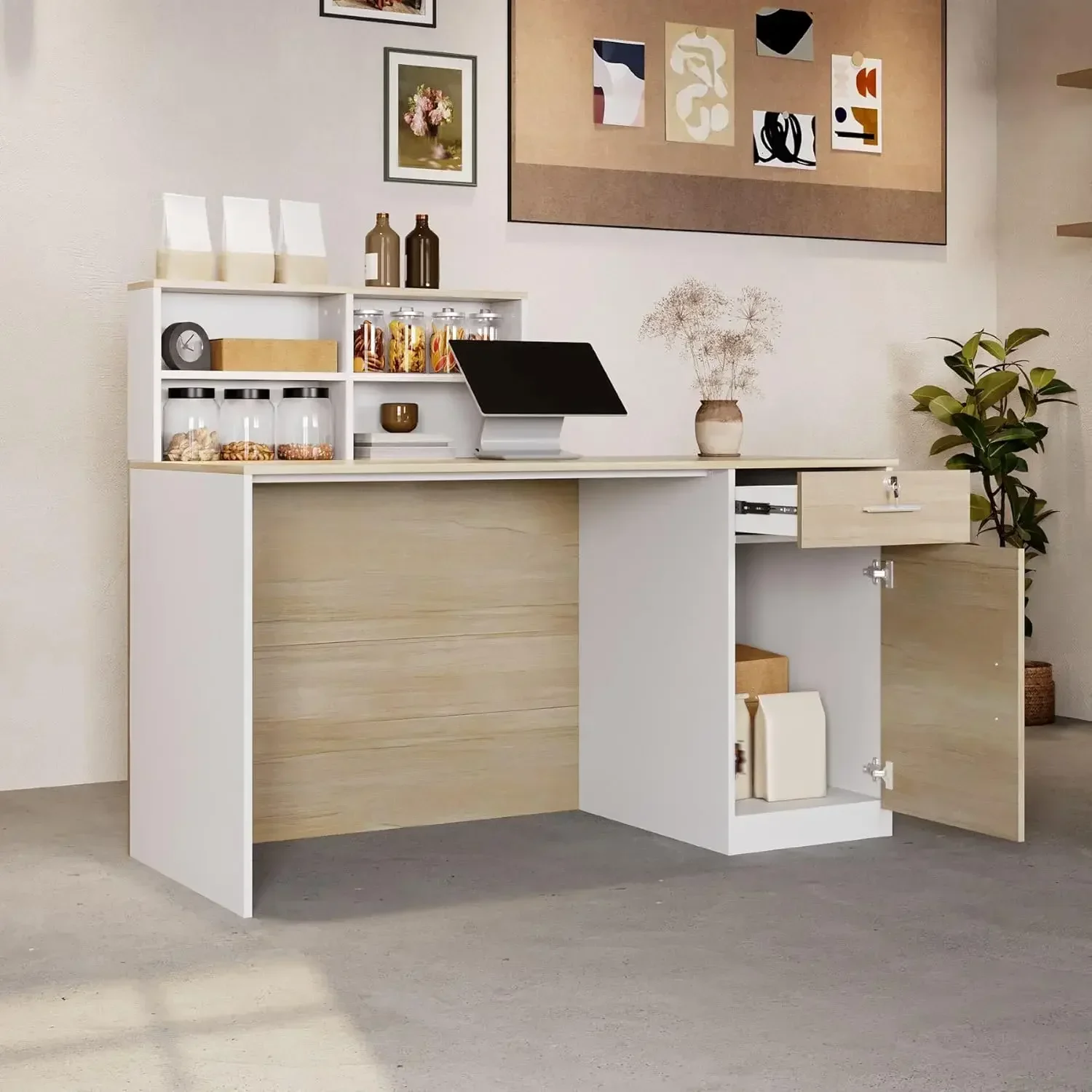 Modern Reception Desk with Lockable Drawer, Small Business Front Desk with Storage Cabinet and Open Shelves, Office Retail Check