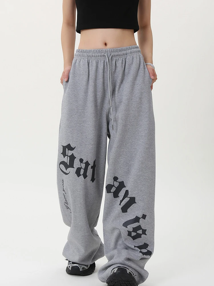 Vintage Print Gray Sweatpants Women Hip Hop Streetwear Harajuku Casual Pant American Loose High Waist Fall Bf Gothic Trousers