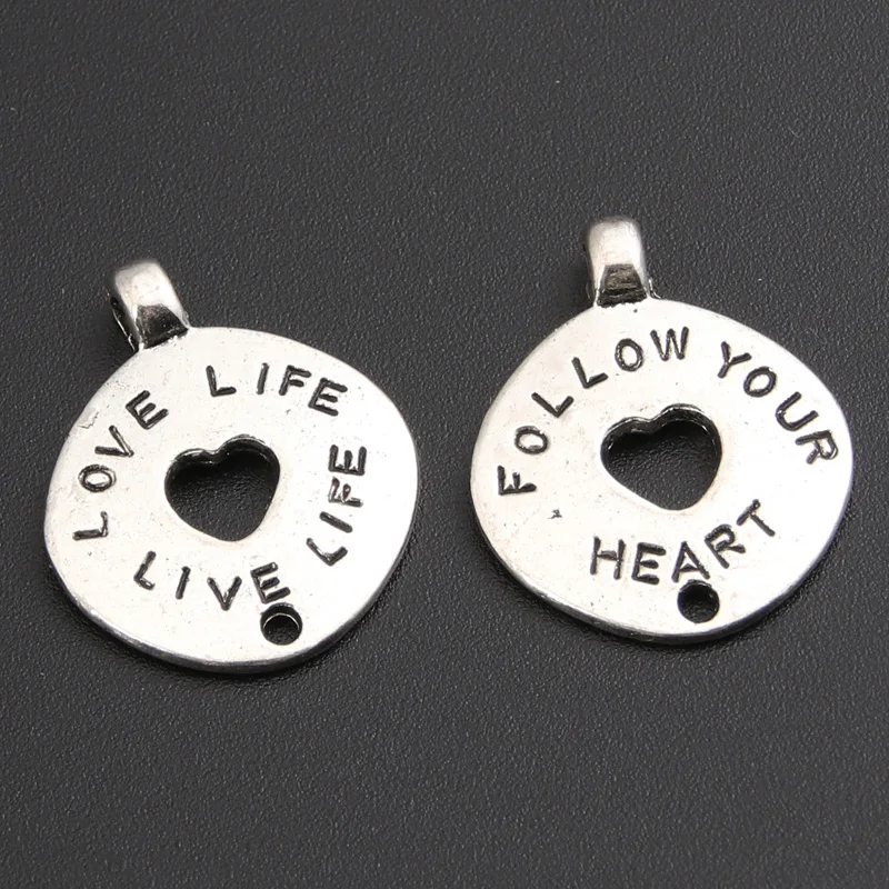 20pcs Affirmation Charms Follow your Heart Love Life Live Life  Silver Color DIY Metal Bracelet Jewelry Findings A1010  SALE