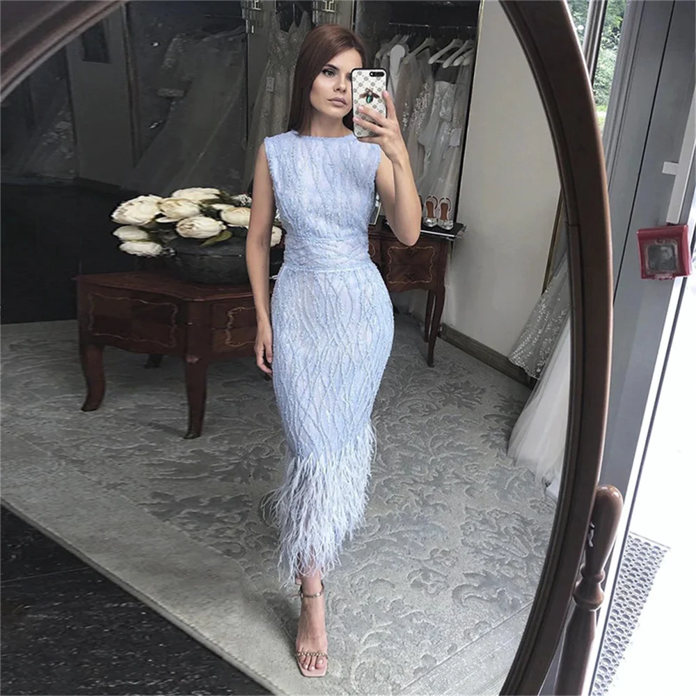 Sleeveless Crew Neck Lace Beaded Feather Skirt Over-The-Knee Length PROM Dress Girl's Birthday Ceremony Elegant PROM Dress