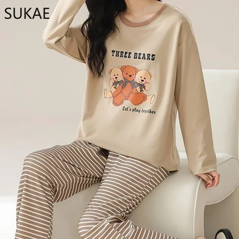 SUKAE Autumn Spring New Women Pajamas Casual Loungewear Long Sleeves Pullover Sleepwear Girl Pijama Korean 2 Pieces Set Homesuit